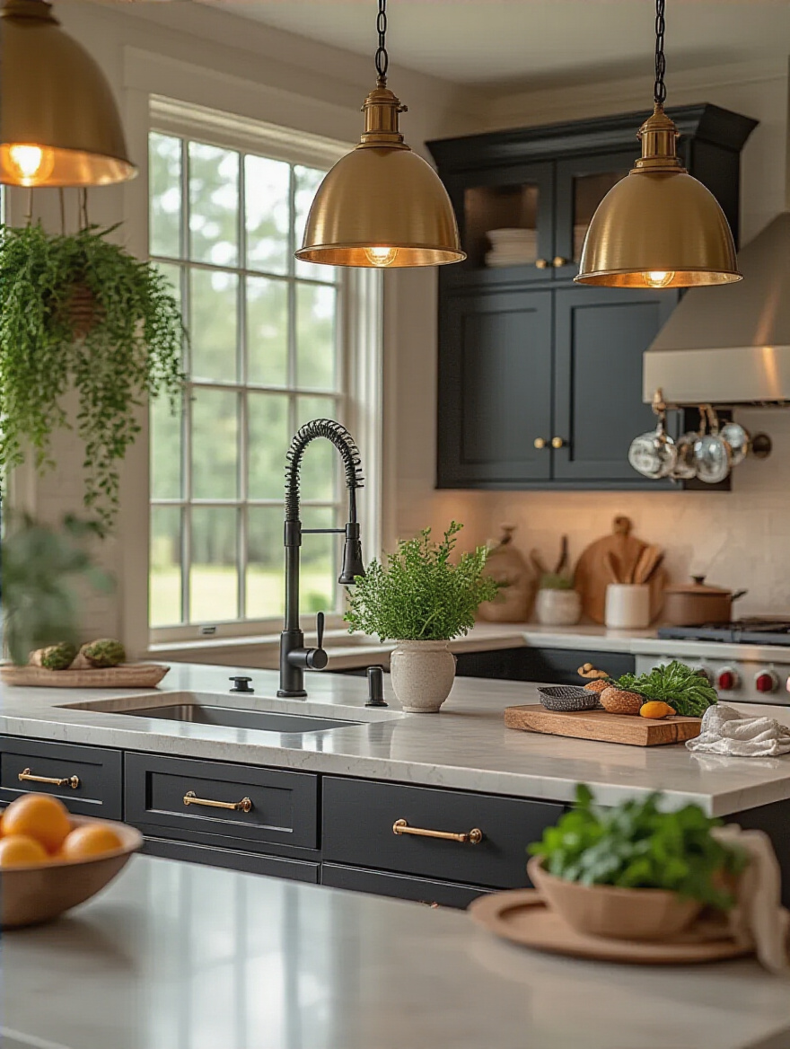 A modern farmhouse kitchen featuring harmonious matte black and brushed gold finishes in fixtures and hardware.