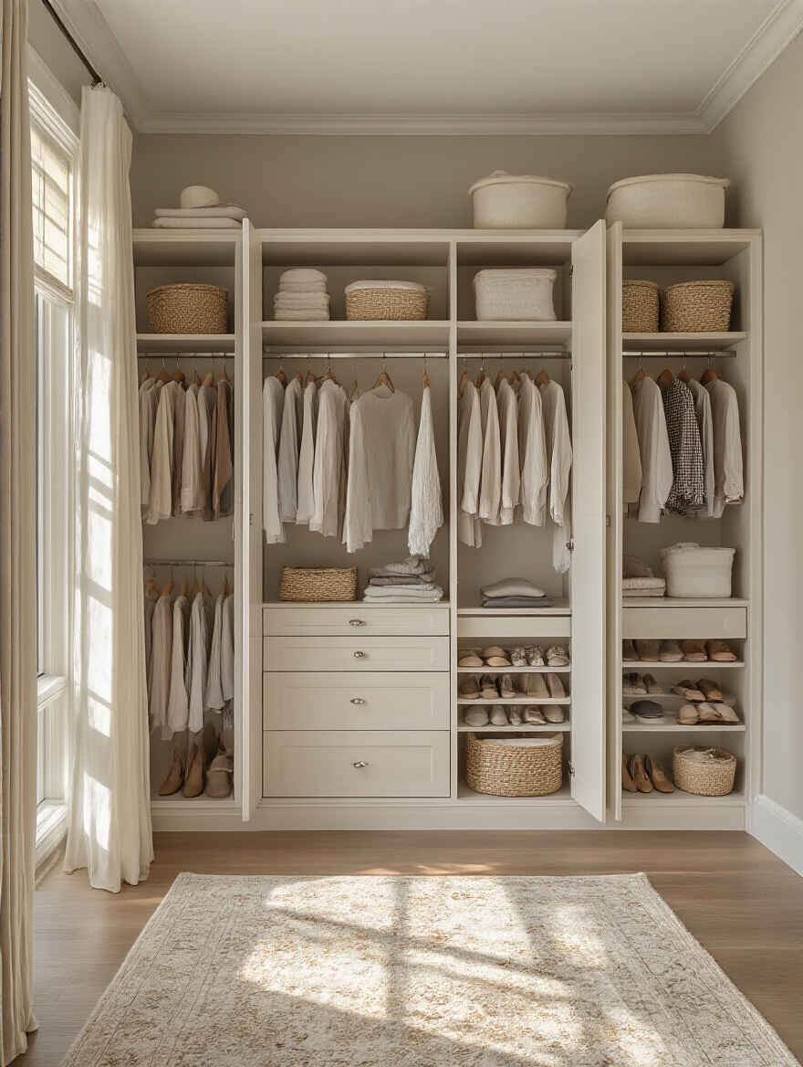 Serene bedroom with custom built-in storage and organized closet.