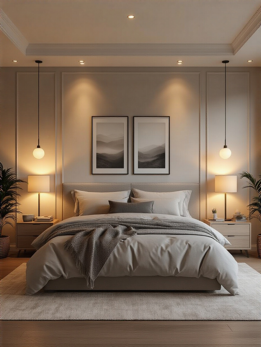 Modern bedroom with layered lighting including ambient recessed lights, bedside task lamps, and accent lighting highlighting architectural features