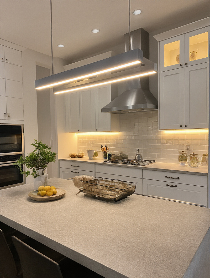 Modern kitchen with multi-layered lighting showcasing ambient, task, and accent illumination.