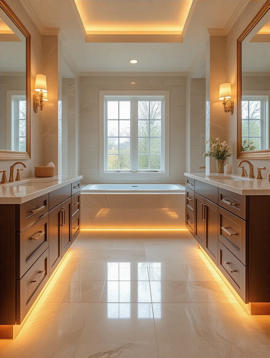 Luxurious master bathroom featuring radiant floor heating with elegant marble tiles and warm ambient lighting.