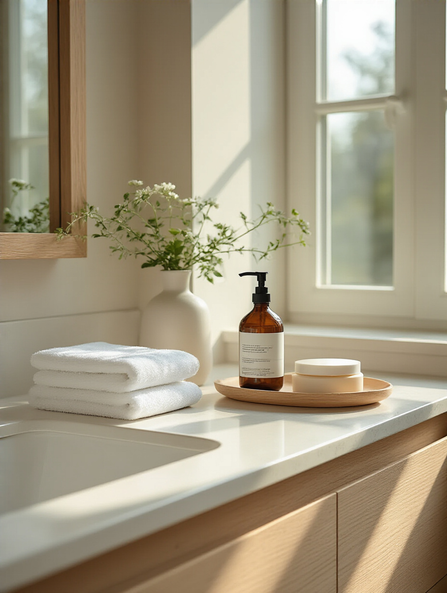 Minimalist bathroom countertop with one new product replacing an old one, showcasing the one-in one-out rule for bathroom organization