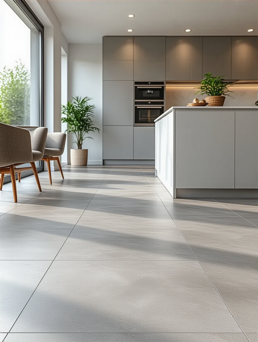 Close-up portrait view of durable and stylish kitchen flooring with large-format matte porcelain tiles in a modern kitchen setting
