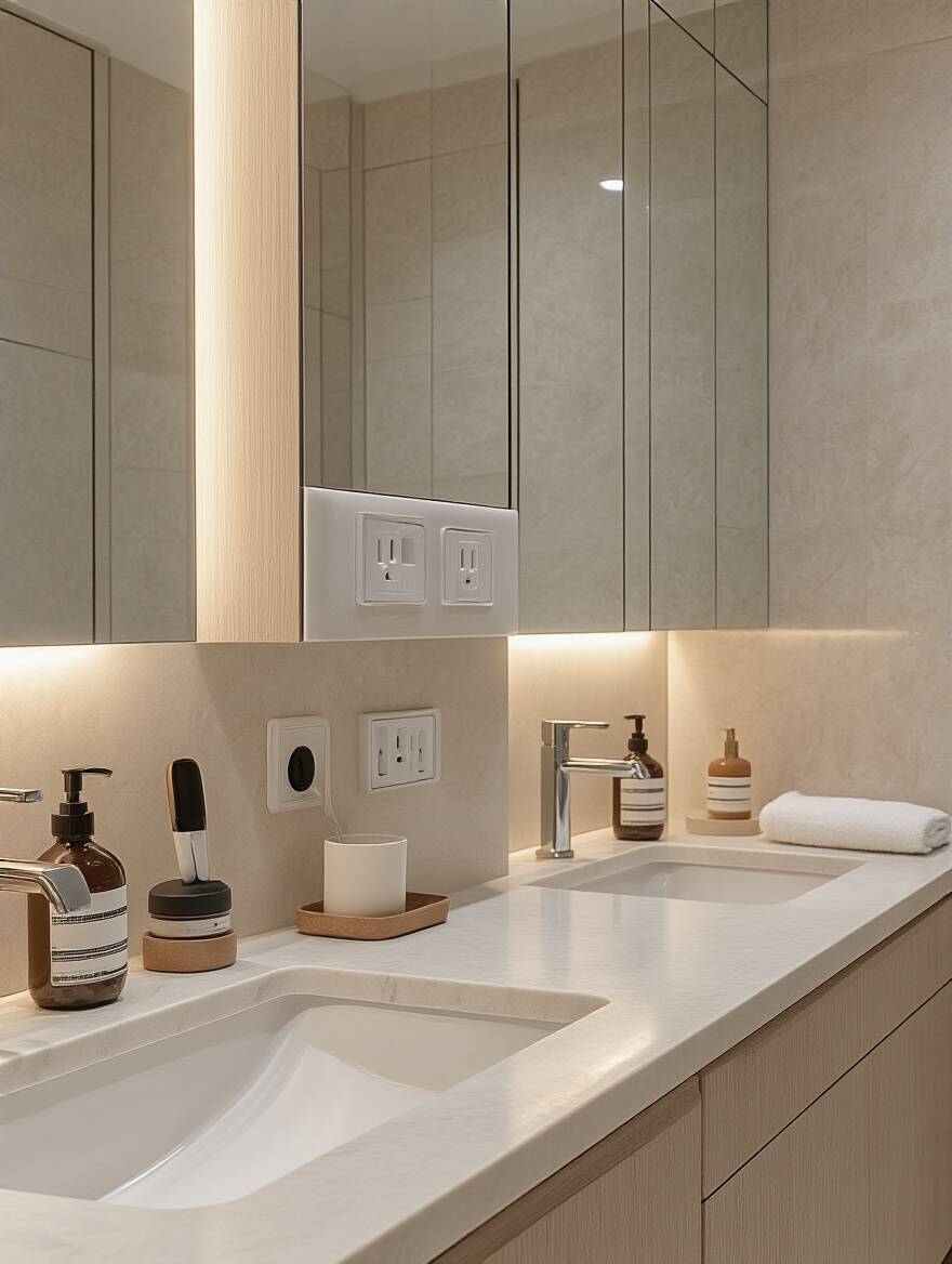 Modern master bathroom with hidden outlets and charging stations for a clutter-free countertop.