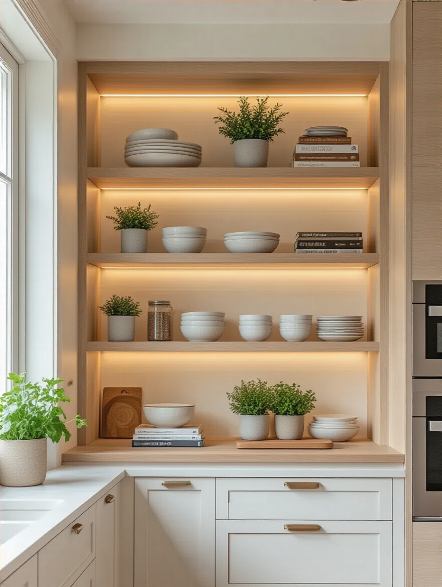 Modern kitchen with open shelving and display nooks showcasing curated dishware and decorative items with warm lighting