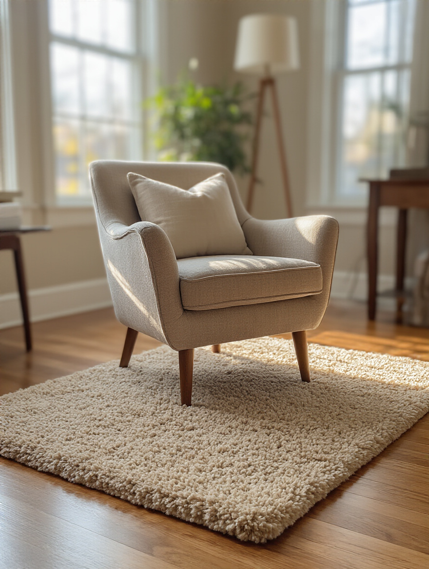 Cozy living room corner with a small area rug defining an accent chair zone, showcasing warmth and texture