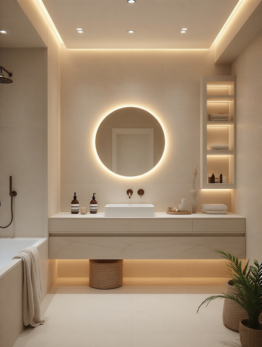 Minimalist bathroom with warm strategic lighting, recessed LED strips, and halo-lit mirror creating an inviting ambiance