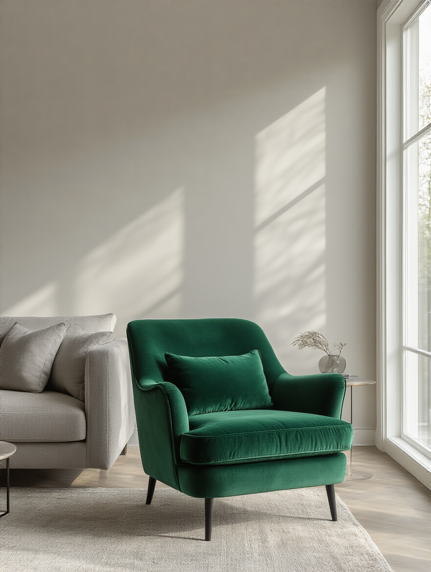 Bold emerald green velvet accent chair in modern living room with neutral décor