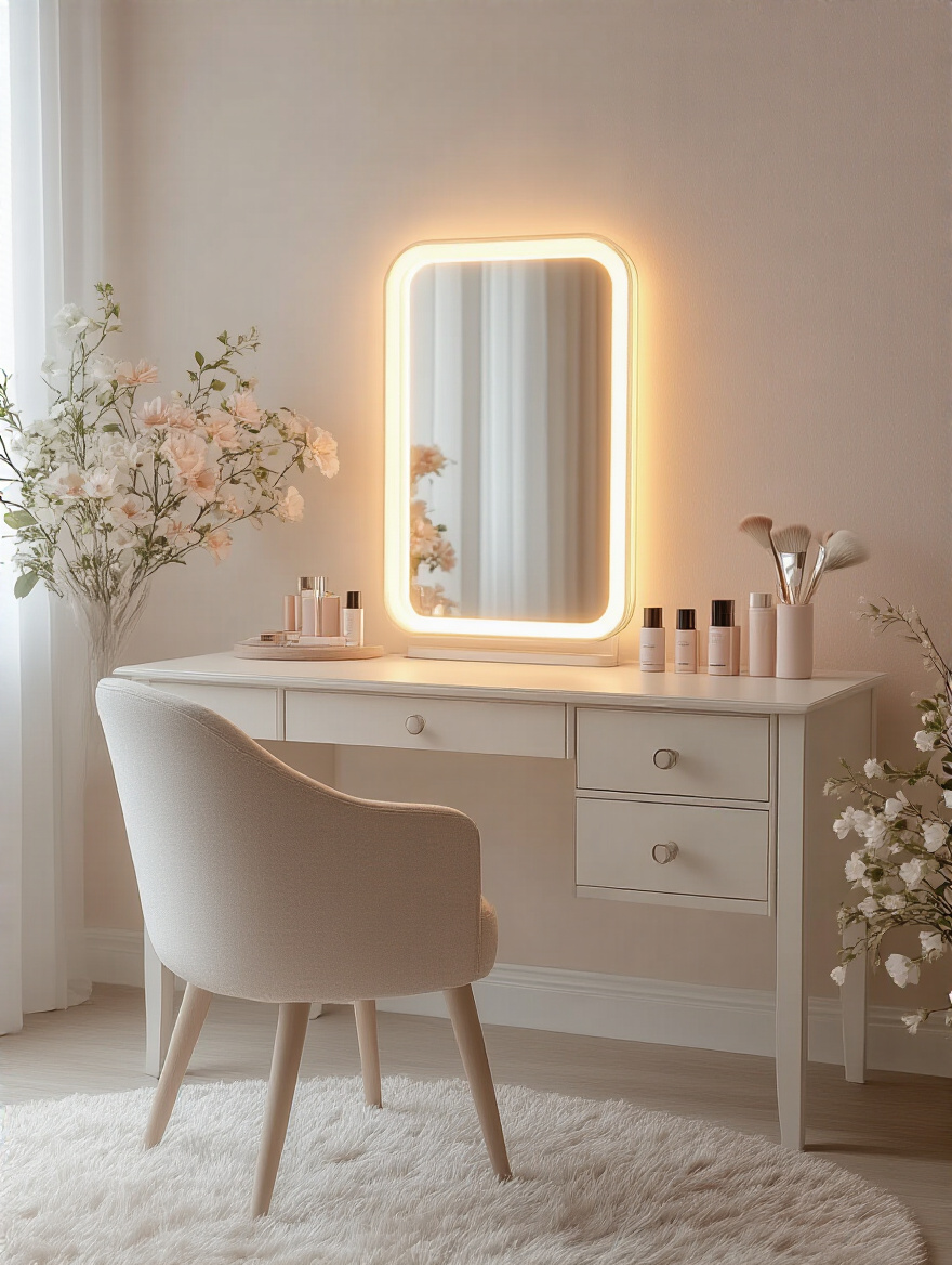 Chic vanity table in a stylish bedroom with organized grooming essentials.