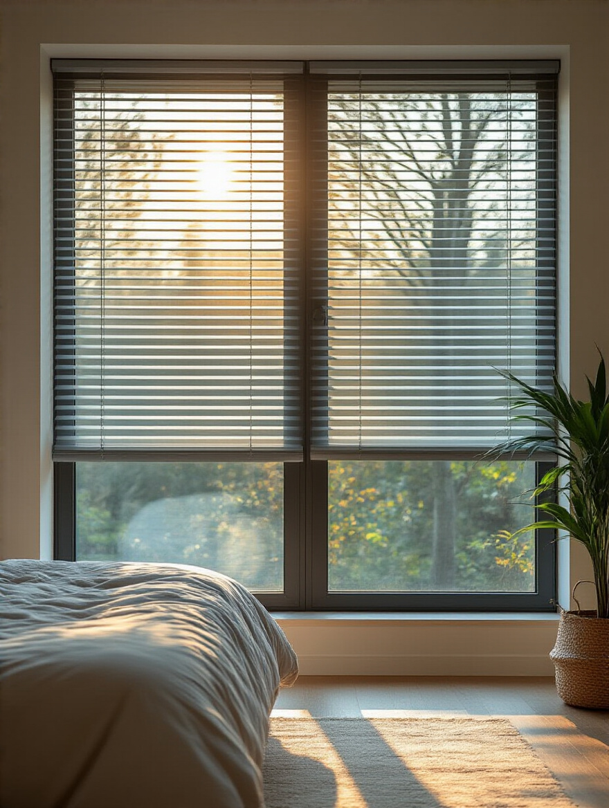 Modern bedroom window with sleek automated blinds partially closed filtering sunlight