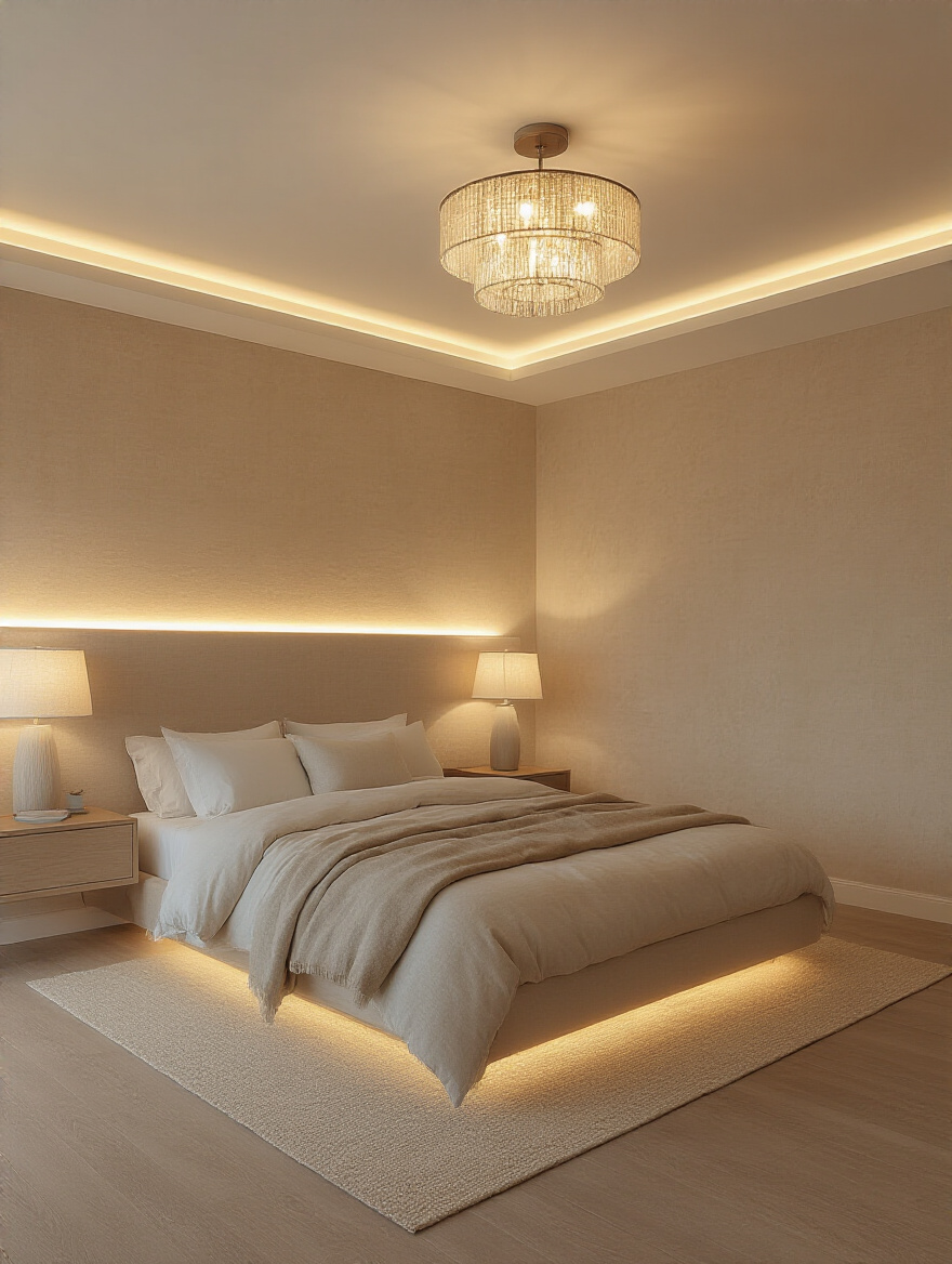 Beige bedroom with layered warm ambient, task, and accent lighting creating a serene and functional atmosphere