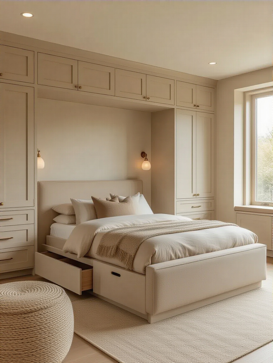 Serene beige bedroom featuring integrated storage solutions including under-bed drawers, built-in cabinetry, and a storage ottoman
