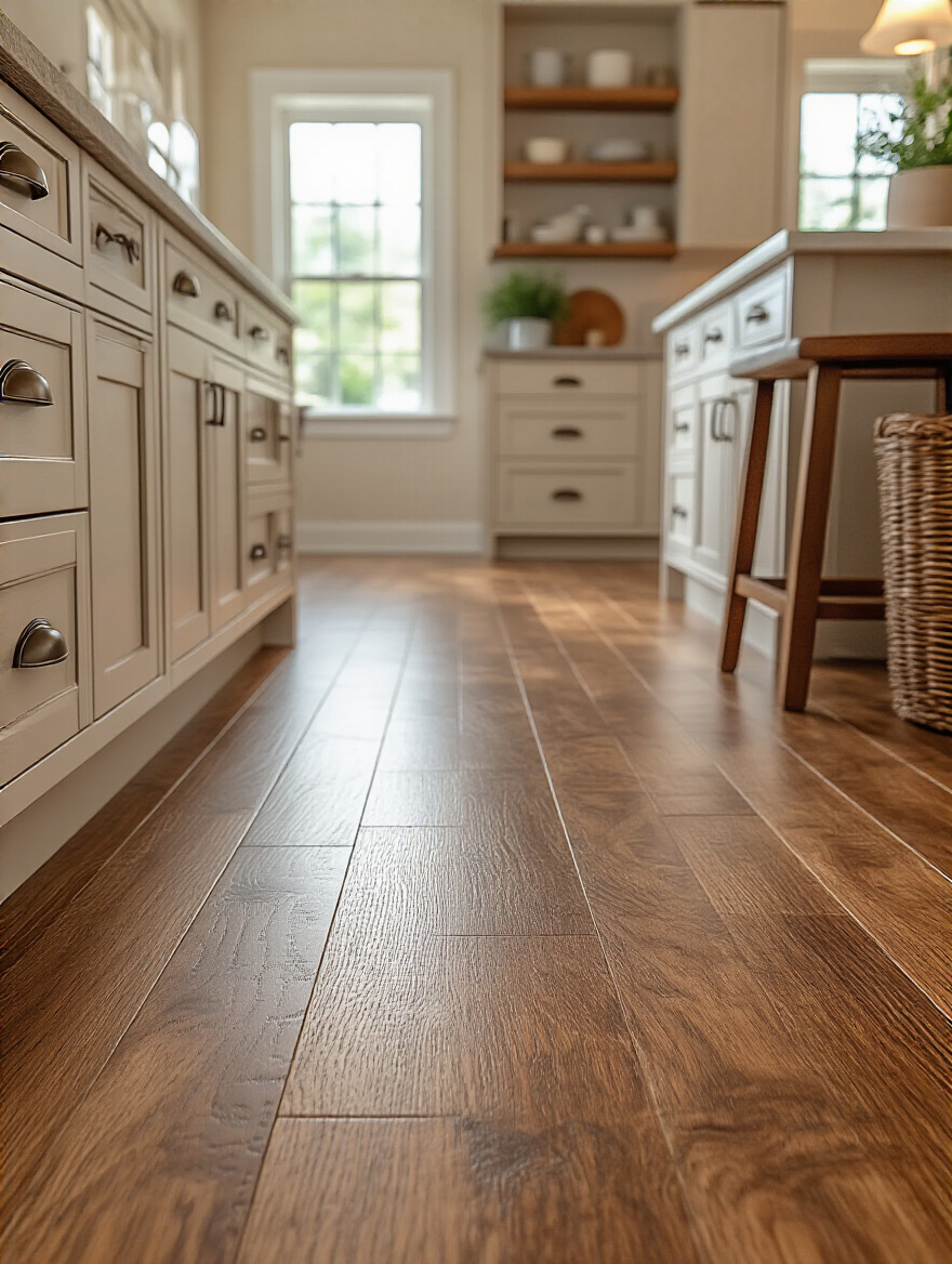 Cozy kitchen with rich brown flooring and light cabinetry
