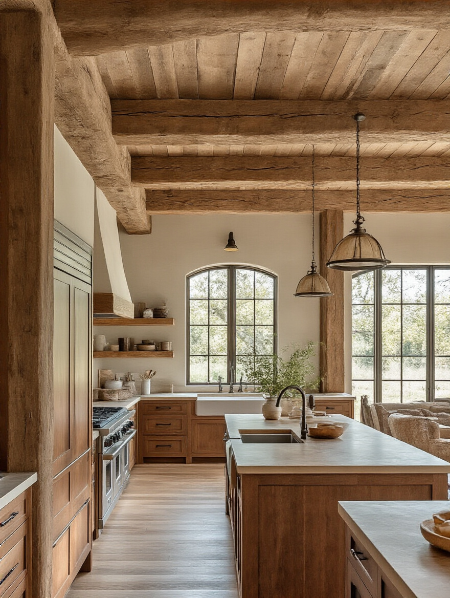 Rustic wood beams in a brown kitchen