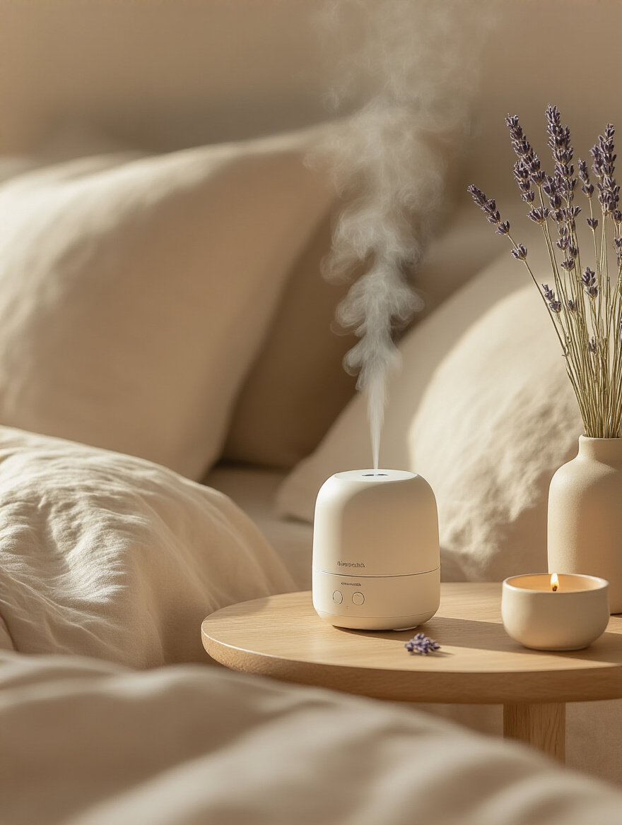 Ultrasonic essential oil diffuser with gentle mist in a tranquil beige bedroom corner with natural light