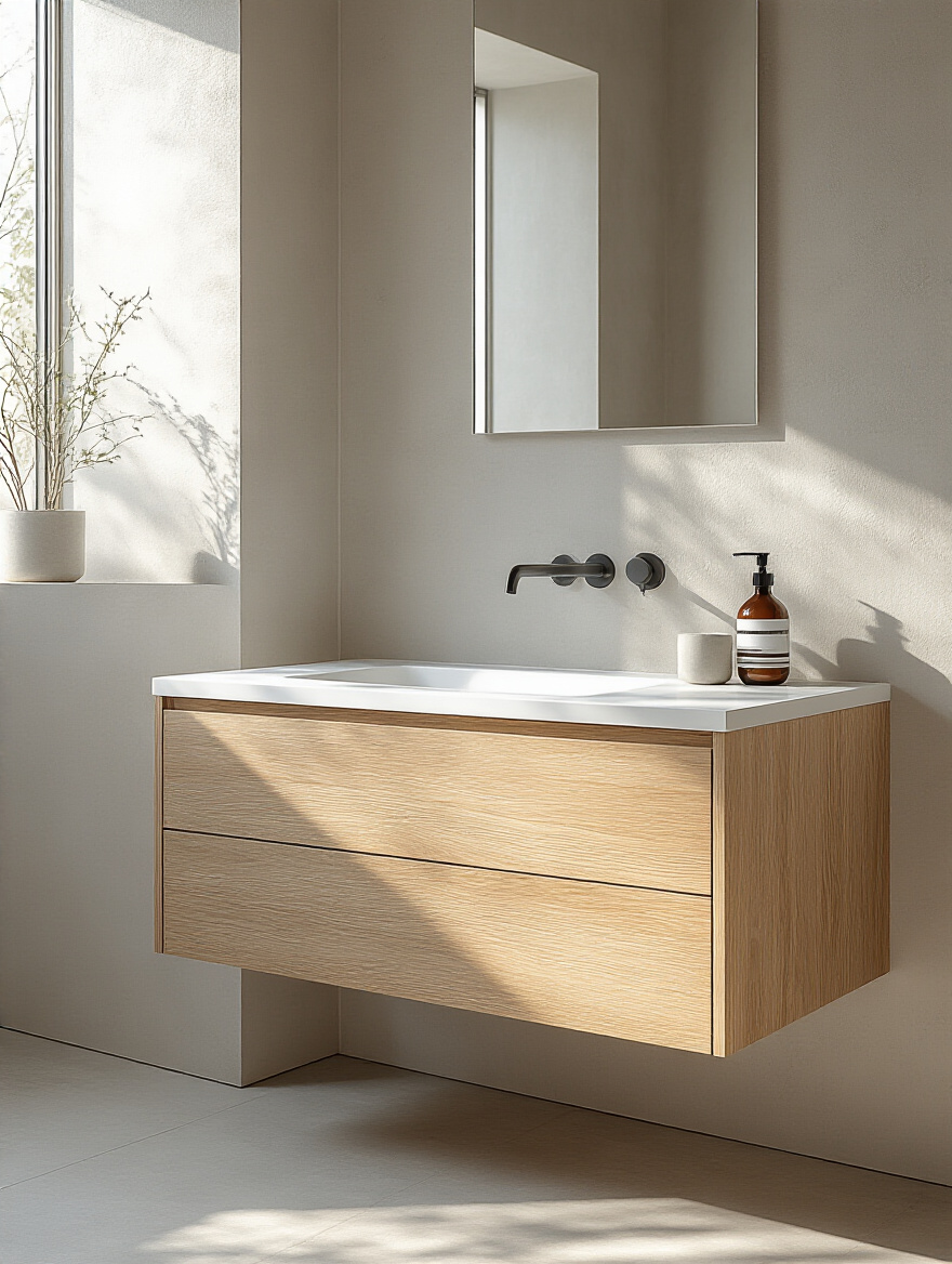 Minimalist bathroom with a sleek floating vanity mounted on the wall and open floor space beneath
