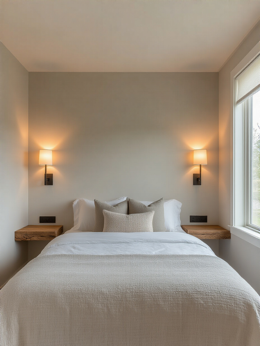Small bedroom with wall-mounted sconces enhancing space and lighting over floating nightstands