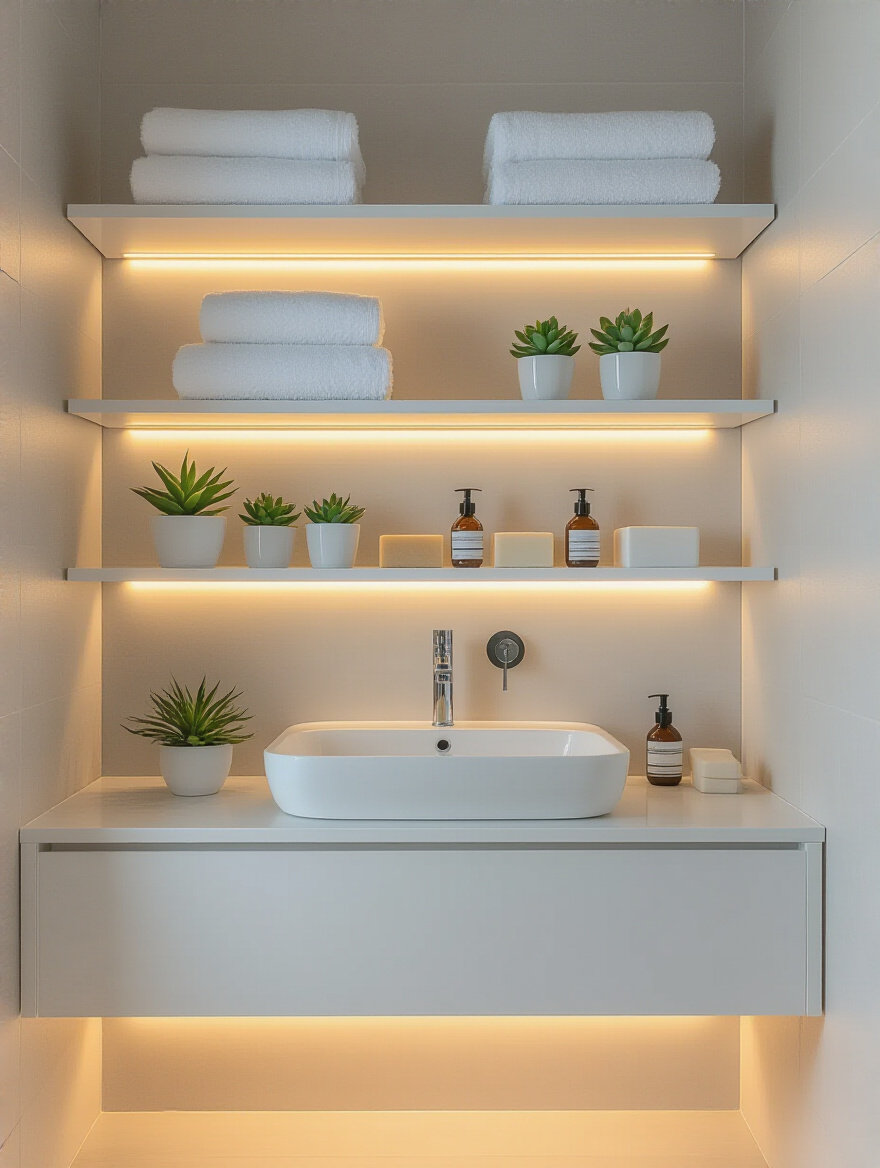 Minimalist bathroom with white wall-mounted floating shelves holding towels and decor, showcasing an open and airy space