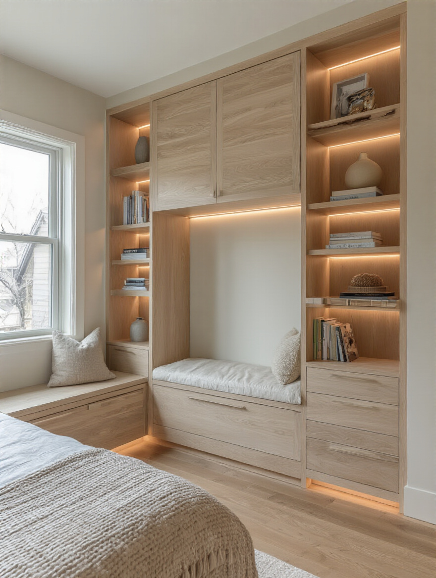 Small bedroom with custom built-in shelving around bed and window alcove, showing integrated storage and minimalist design