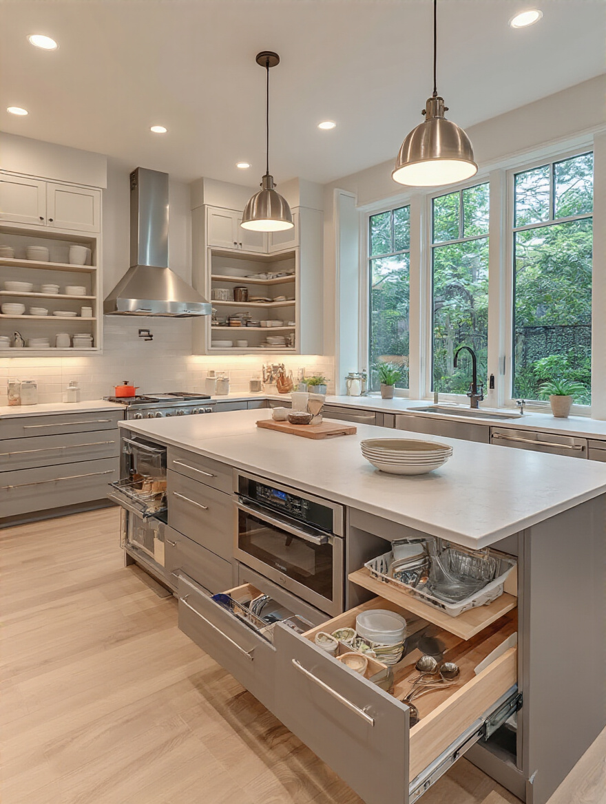 Modern ergonomic kitchen with multi-height countertops, pull-out shelves, and elevated appliances designed for user comfort and safety