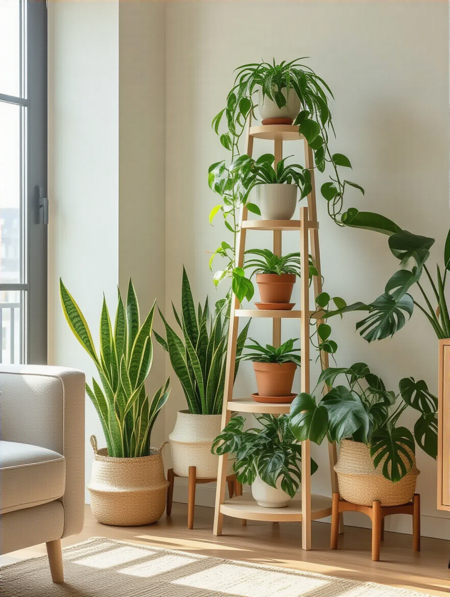 Apartment living room corner with a vertical plant stand showcasing various lush indoor plants under natural indirect lighting