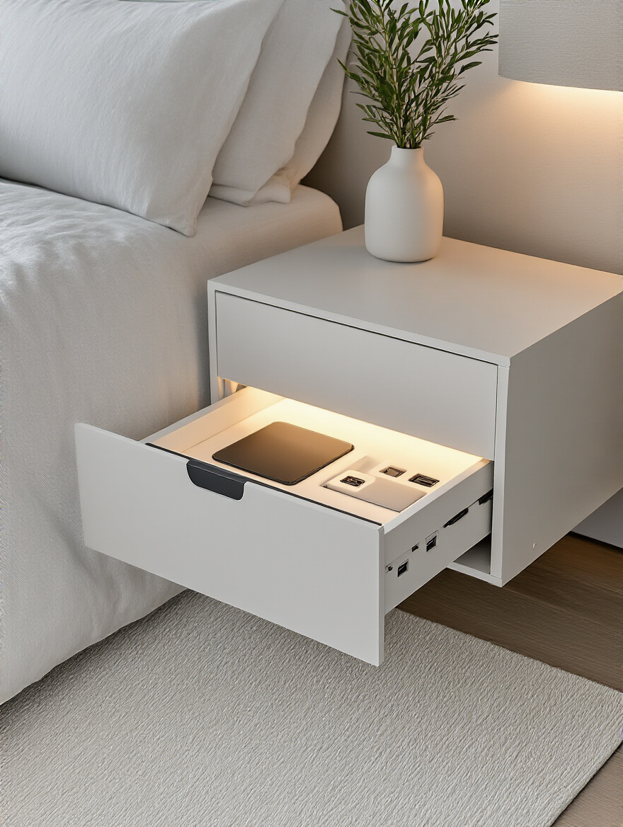 Modern bedroom nightstand with built-in hidden charging station drawer showing recessed power outlets and USB ports, no visible cables
