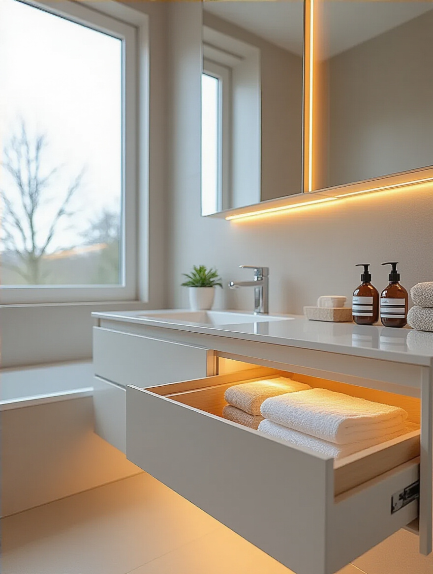 Minimalist bathroom vanity with integrated hidden storage and recessed medicine cabinet, showcasing clutter-free design