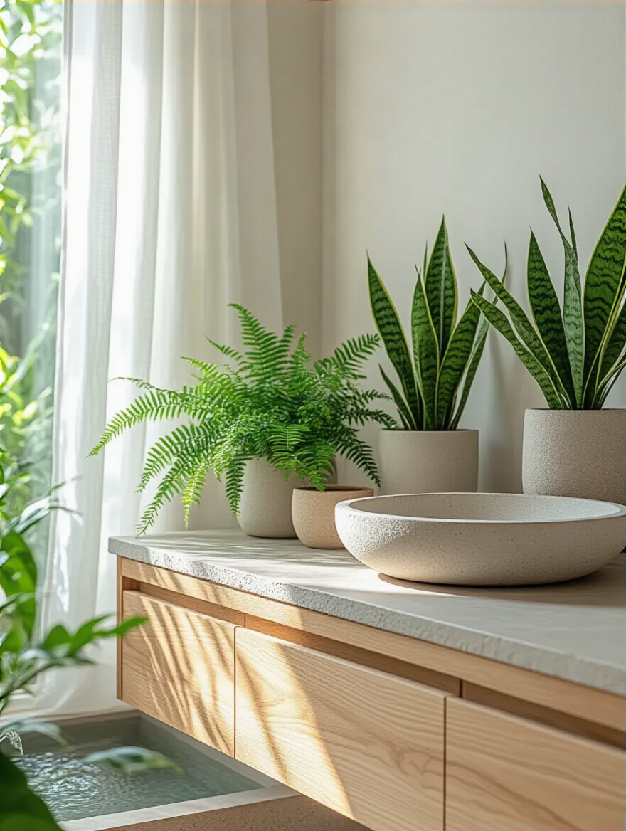 Minimalist bathroom with natural wood vanity, stone countertop, and lush green plants creating a calming organic atmosphere