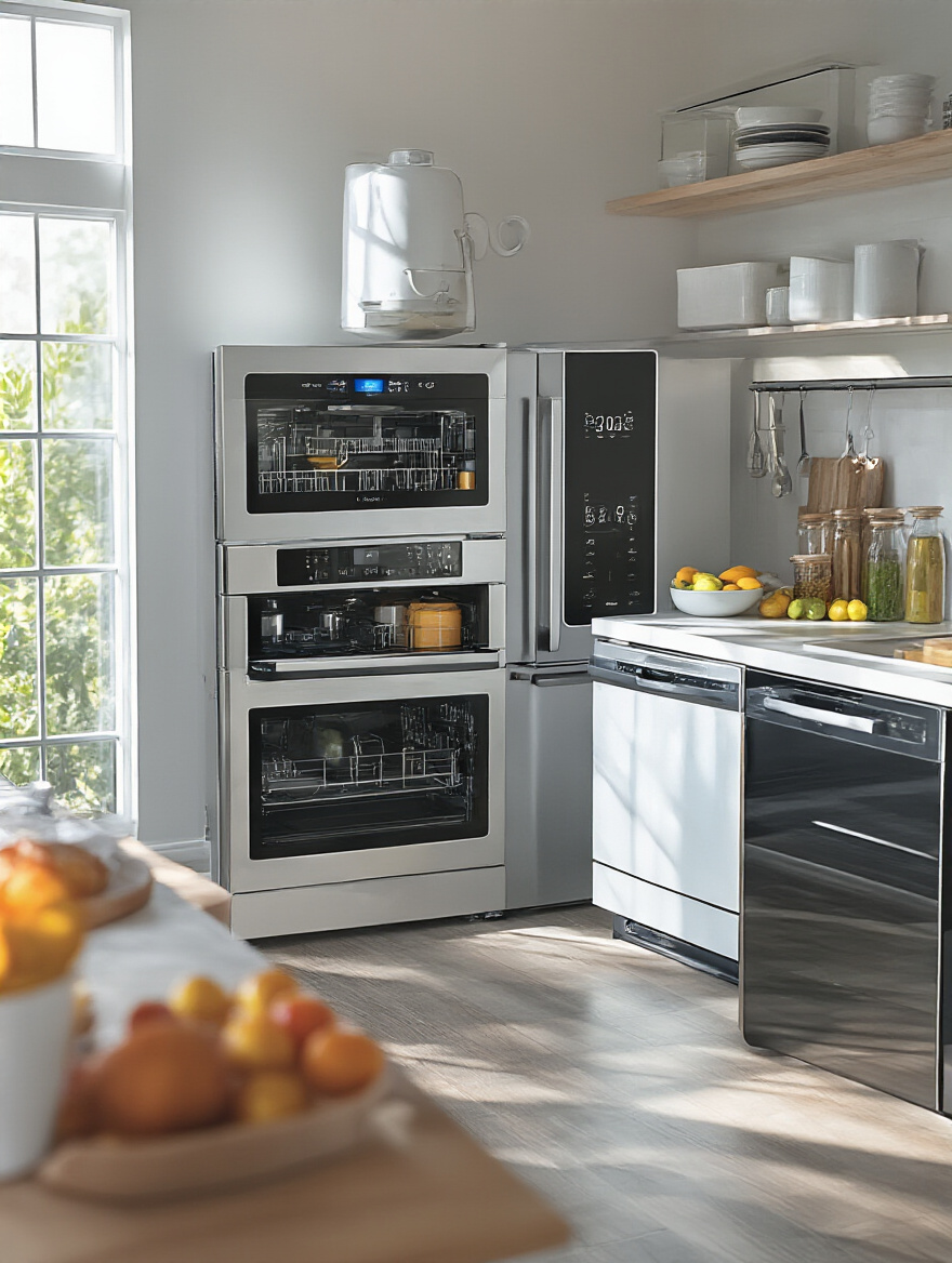 Modern kitchen with smart technology appliances including a refrigerator, oven, and dishwasher.