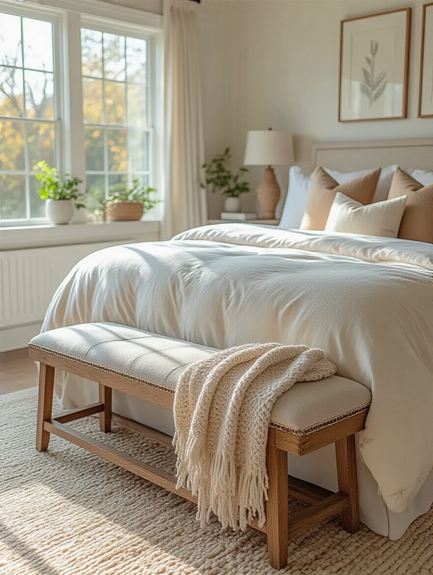 Stylish bedroom with a bench at the foot of the bed