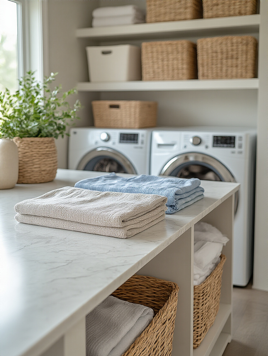 A well-organized laundry room featuring a dedicated laundry folding surface with neatly folded clothes.