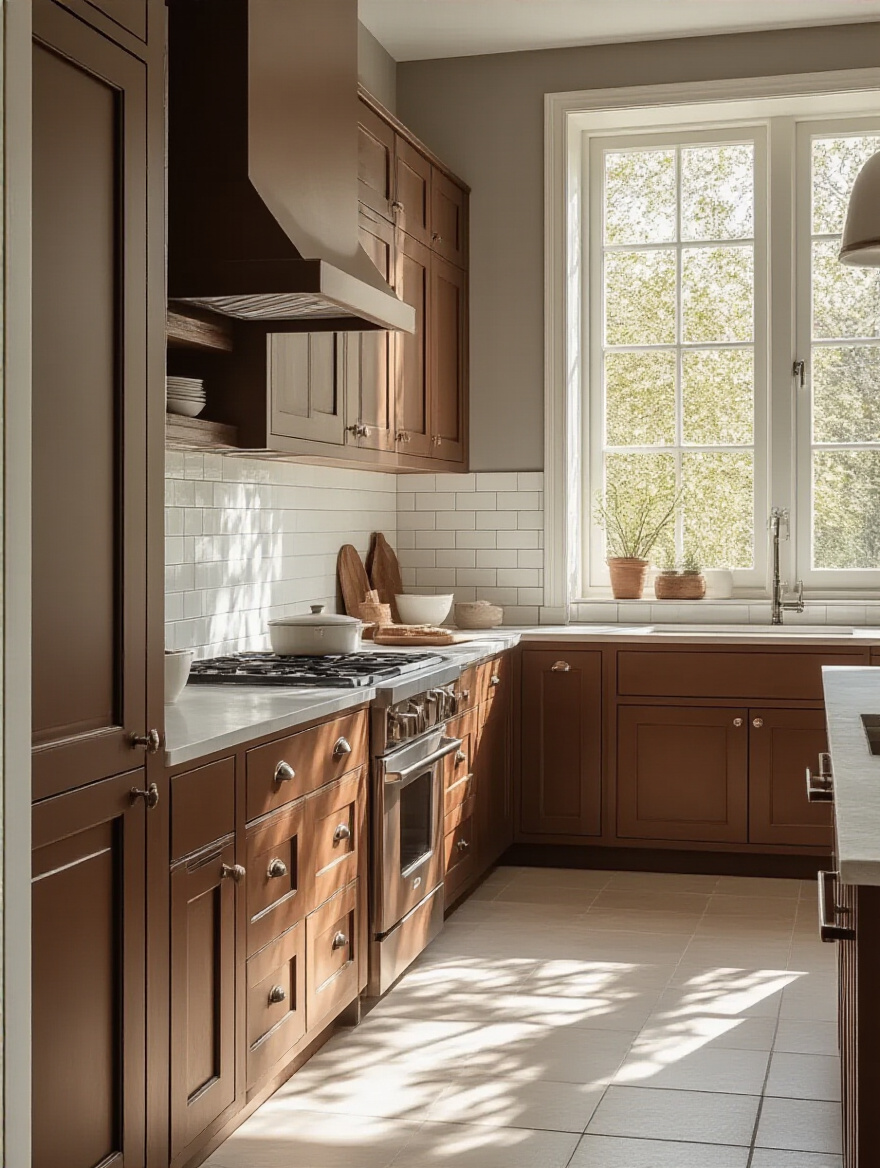 A cozy kitchen showcasing brown cabinets and warm color harmony.