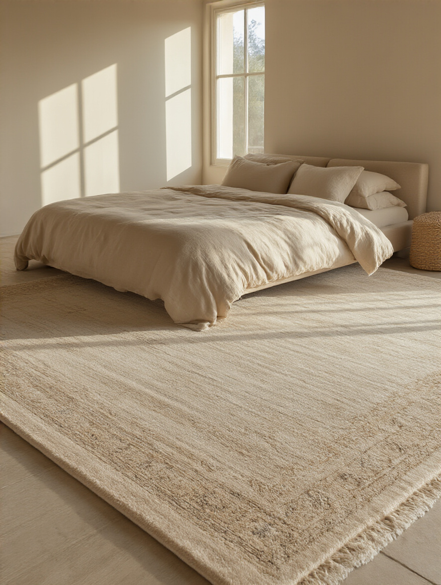 Beige bedroom with large plush area rug anchoring king-sized bed and nightstands in a tranquil setting