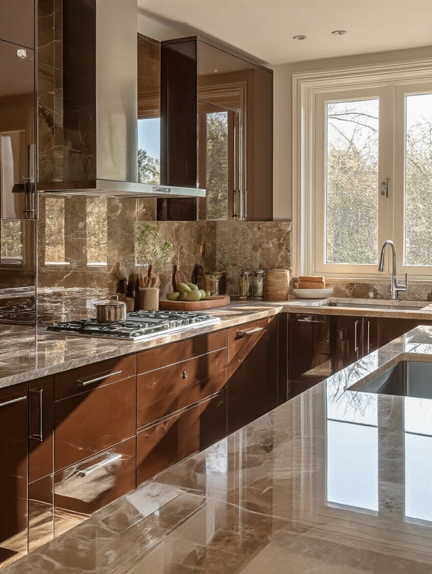 Cozy brown kitchen with reflective surfaces enhancing light and space