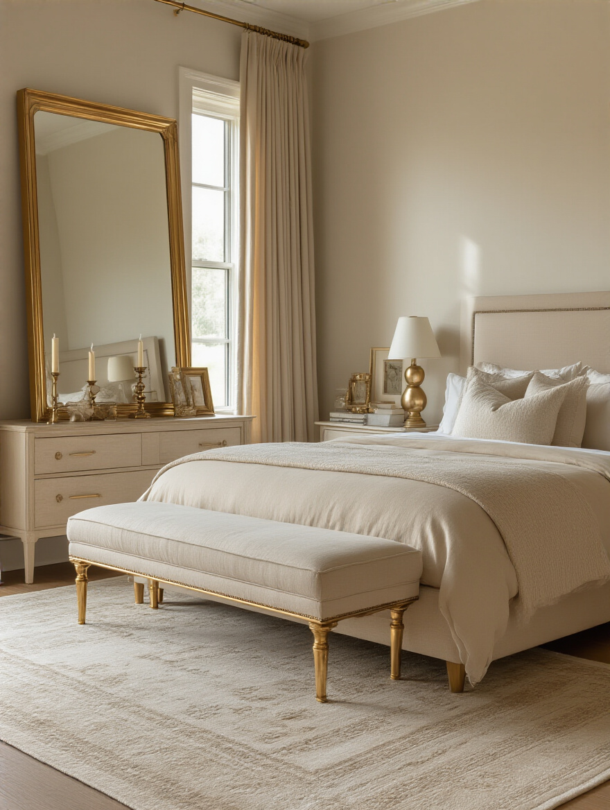 Serene beige bedroom featuring sophisticated metallic finishes with brass and gold accents reflecting natural light