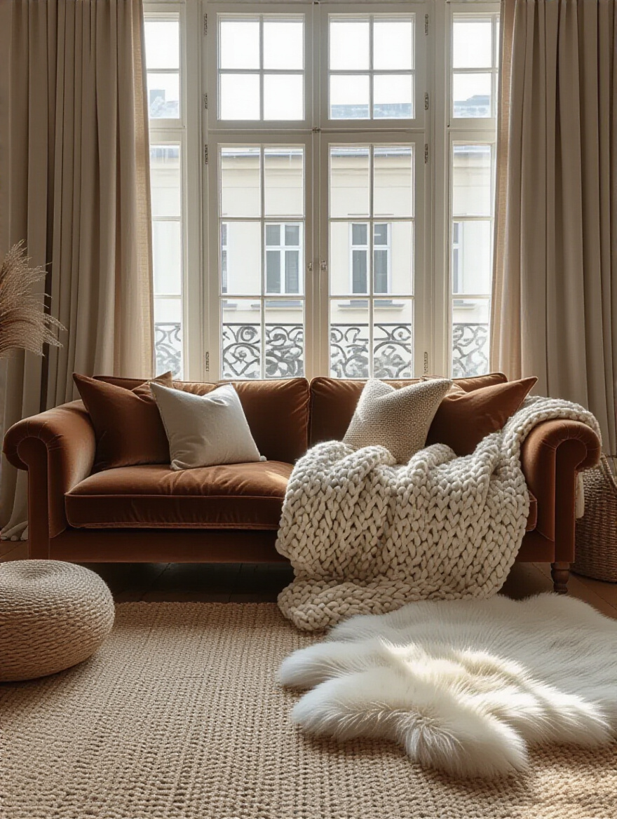 Cozy apartment living room corner with velvet sofa, knit throws, silk pillows, layered rugs, and velvet curtains showcasing diverse textile textures