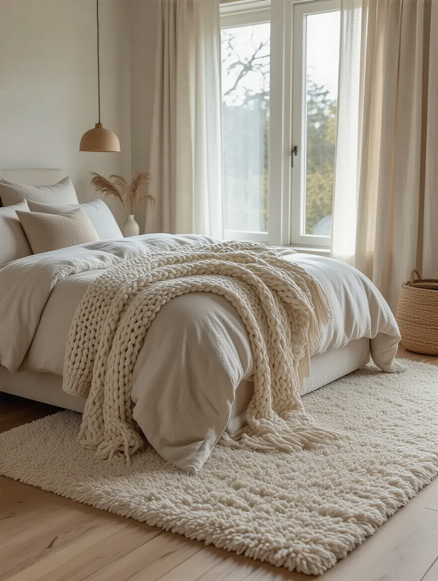 Cozy bedroom featuring layered rugs and throws adding warmth and texture
