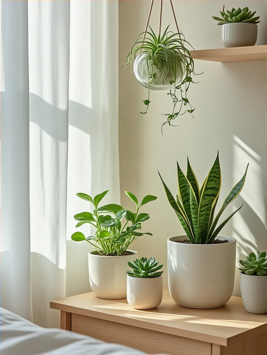 Small bedroom corner with various small houseplants in ceramic and glass planters creating a natural and airy ambiance