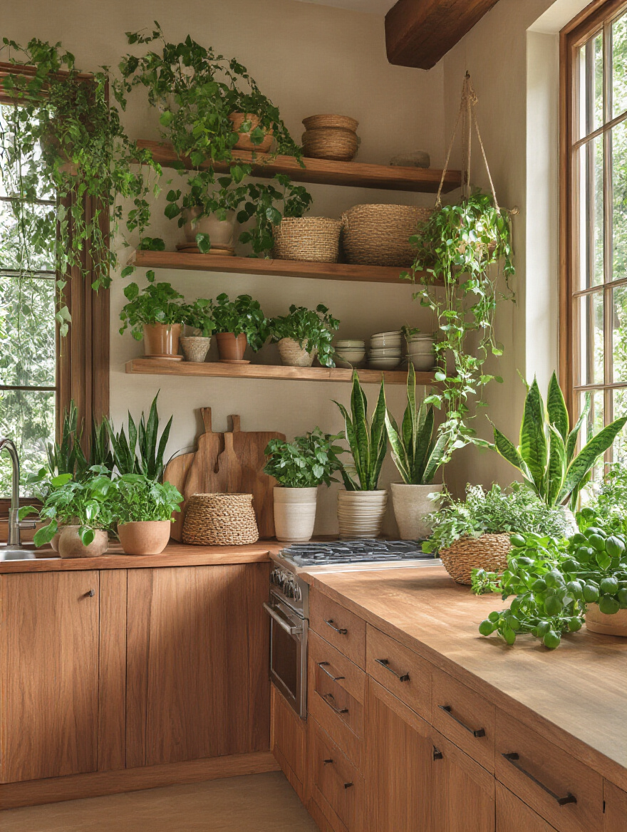Brown kitchen with fresh greenery and natural elements