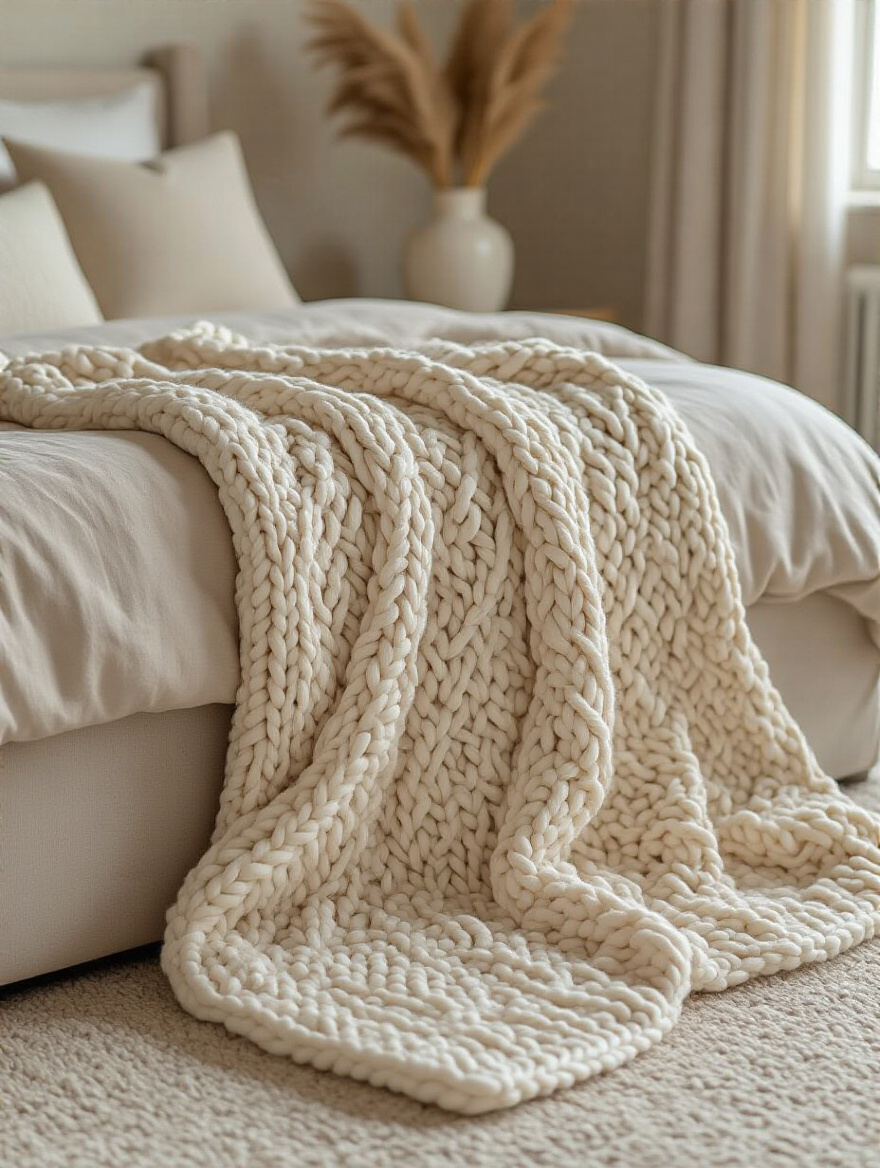 Plush knitted throw in cream and taupe folded neatly at the foot of a beige bedroom bed, highlighting texture and warmth