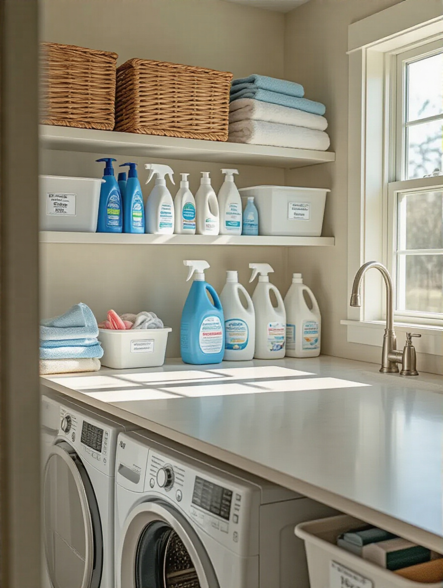 Organized laundry room with essential supplies on display