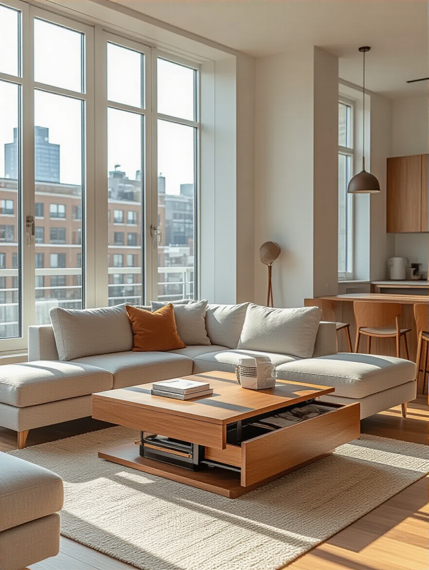 Modern apartment living room featuring a sleek multi-functional lift-top coffee table and sectional sofa with hidden storage, well-lit with natural daylight