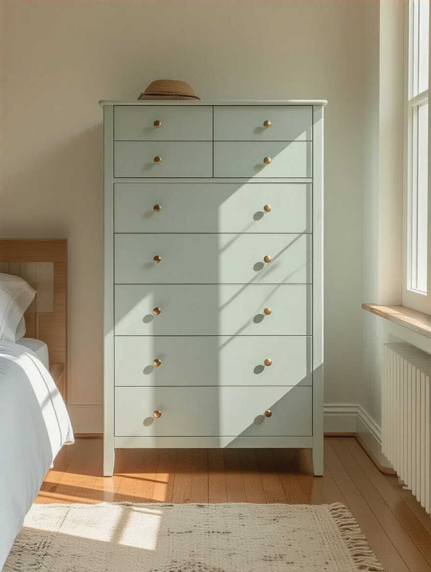 Narrow tall dresser in a small bedroom showcasing vertical storage and space-saving design