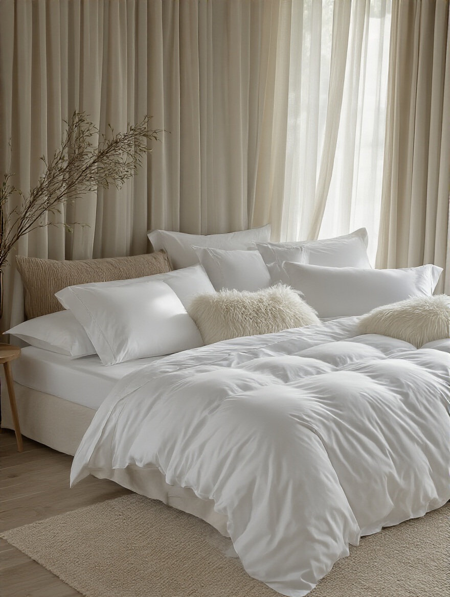 Luxurious bedroom bed with premium white bedding, plush pillows, and soft natural lighting