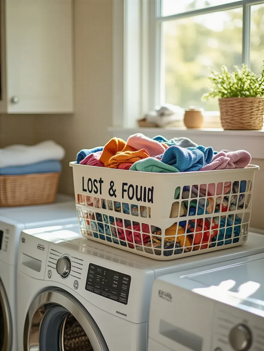 A stylish laundry room with a 'Lost & Found' bin filled with rogue socks and small items.