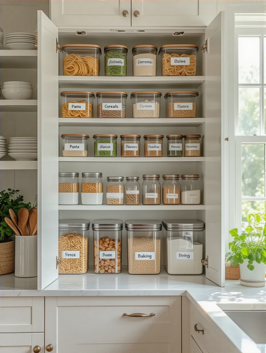 Organized kitchen cabinet with labeled containers for easy retrieval.