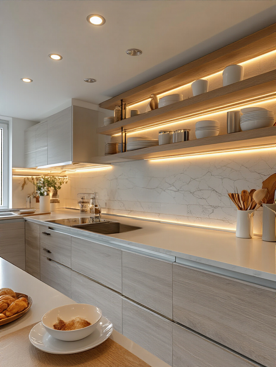 Modern kitchen interior with layered task, ambient, and accent lighting highlighting countertops, shelves, and ceiling fixtures