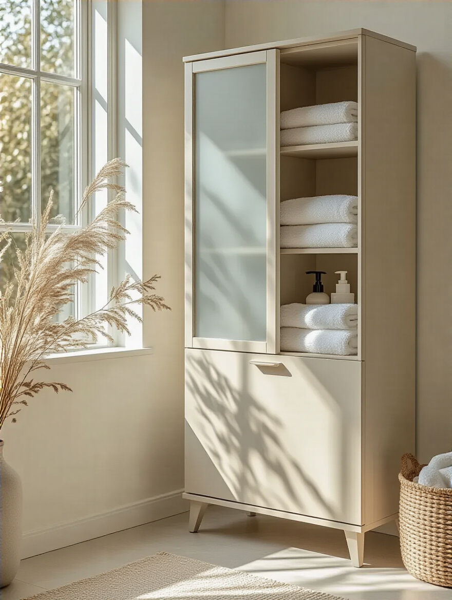 Minimalist bathroom corner with slim tall linen cabinet and natural light