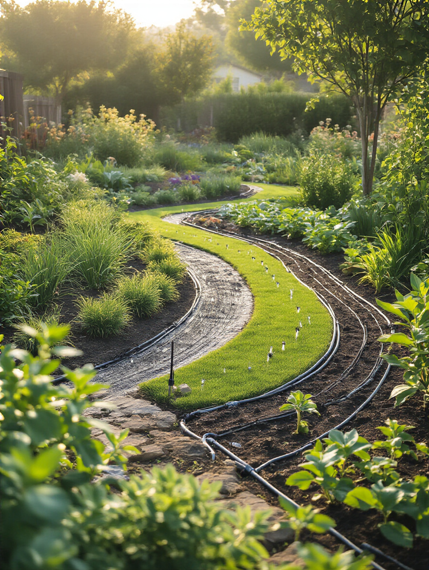 Portrait image of a landscaped garden with distinct irrigation zones showing drip emitters and sprinkler heads for targeted watering