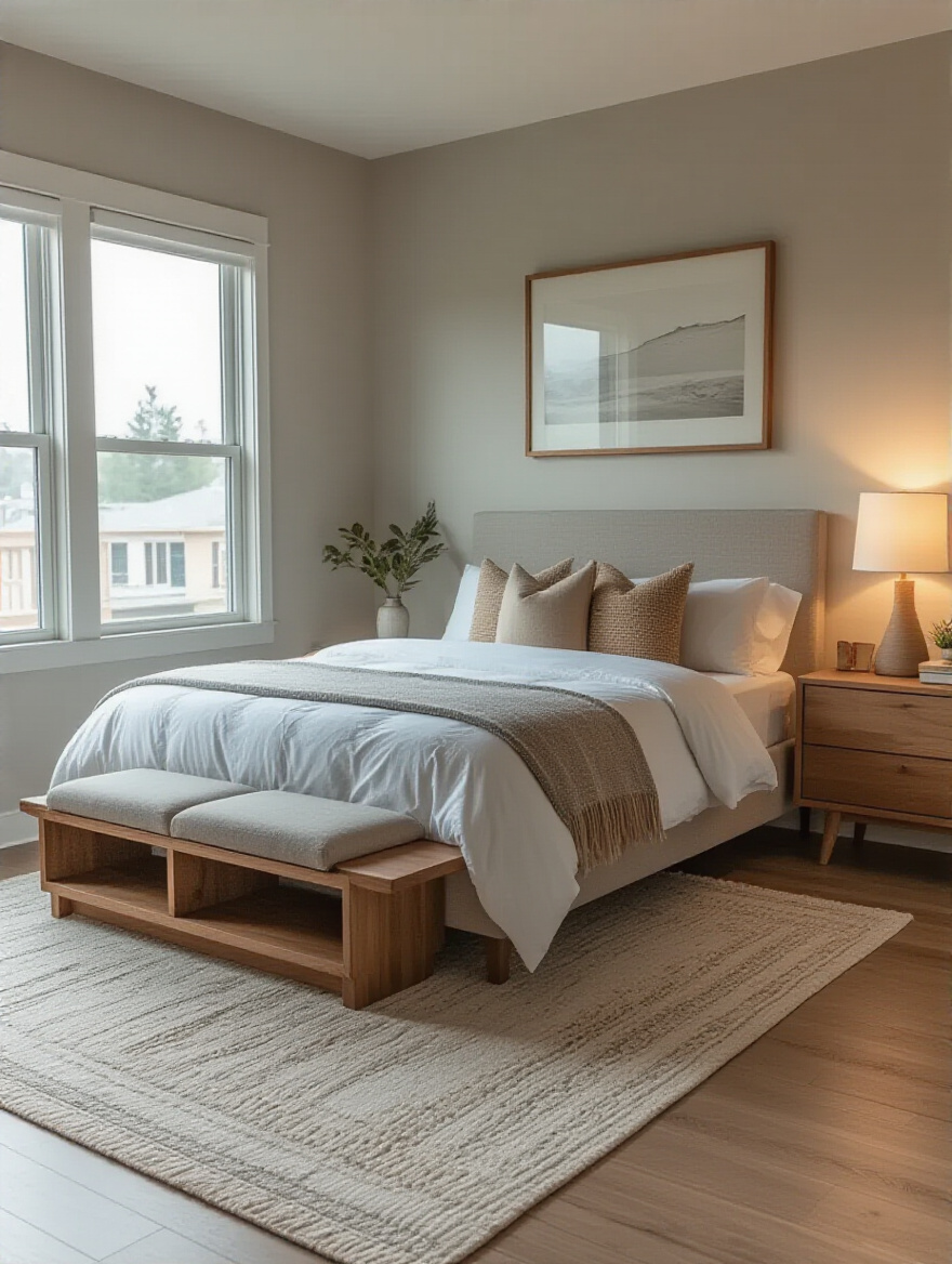Small bedroom with optimal furniture layout showing clear walking paths and balanced furniture placement for enhanced flow